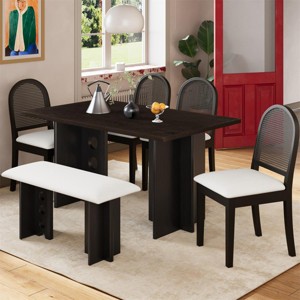 Walnut Farmhouse Dining Set for 6 - Solid Rubber Wood Table with 4 Upholstered Chairs & 1 Bench-Tanpinhause - 1 of 4