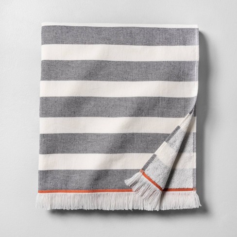 Oversized Beach Towel Stripe Gray White With Fringe Hearth Hand With Magnolia