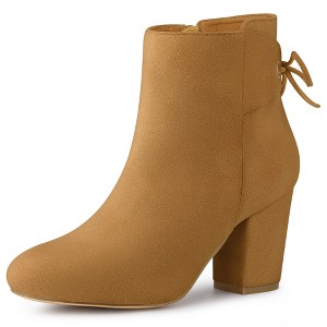 Allegra K Women's Round Toe Block Heel Side Zipper Lace Up Back Ankle Boots - 1 of 4