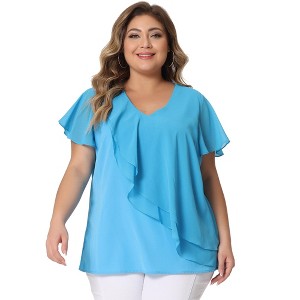 Agnes Orinda Women's Plus Size Top V Neck Flutter Sleeves Layered Chiffon Ruffle Elegant Blouses - 1 of 4