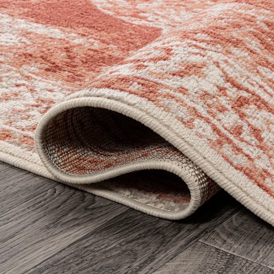 Peach and Ivory Synthetic Medallion Area Rug, 3 x 5 ft