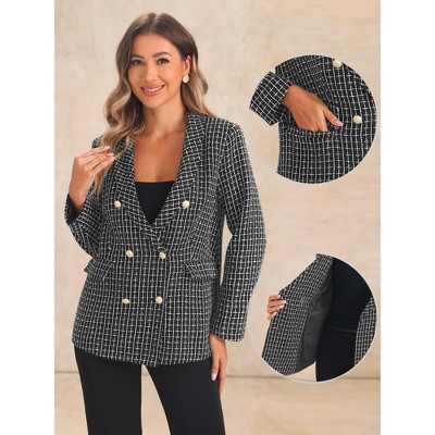 Allegra K Women's Button Front Long Sleeve Plaids Blazer Black X-Large — фото 2