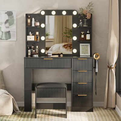 Buenhomino Vanity Desk with Llight Sliding Mirror and 5 Drawers, Makeup Vanity Table Set for Bedroom
