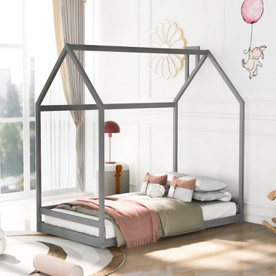 Twin Size House Bed Frame for Kids with Roof Design, Playhouse Style, Solid Pine Wood, No Slats, Requires Box Spring