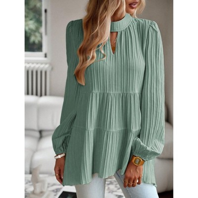Womens Tops Elegant Lantern Sleeve Notch High Neck Flowy Blouse Shirts