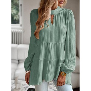 Womens Tops Elegant Lantern Sleeve Notch High Neck Flowy Blouse Shirts - 1 of 3