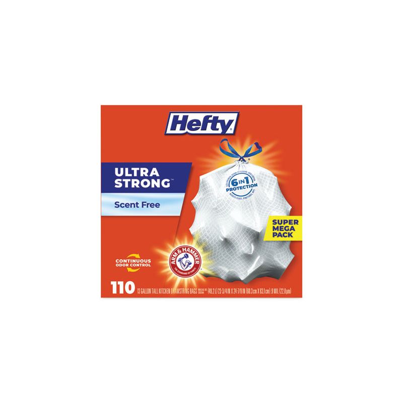 Hefty Ultra Strong Tall Kitchen and Trash Bags, 13 gal, 0.9 mil, 23.75" x 24.88", White, 110/Box, 2 of 6