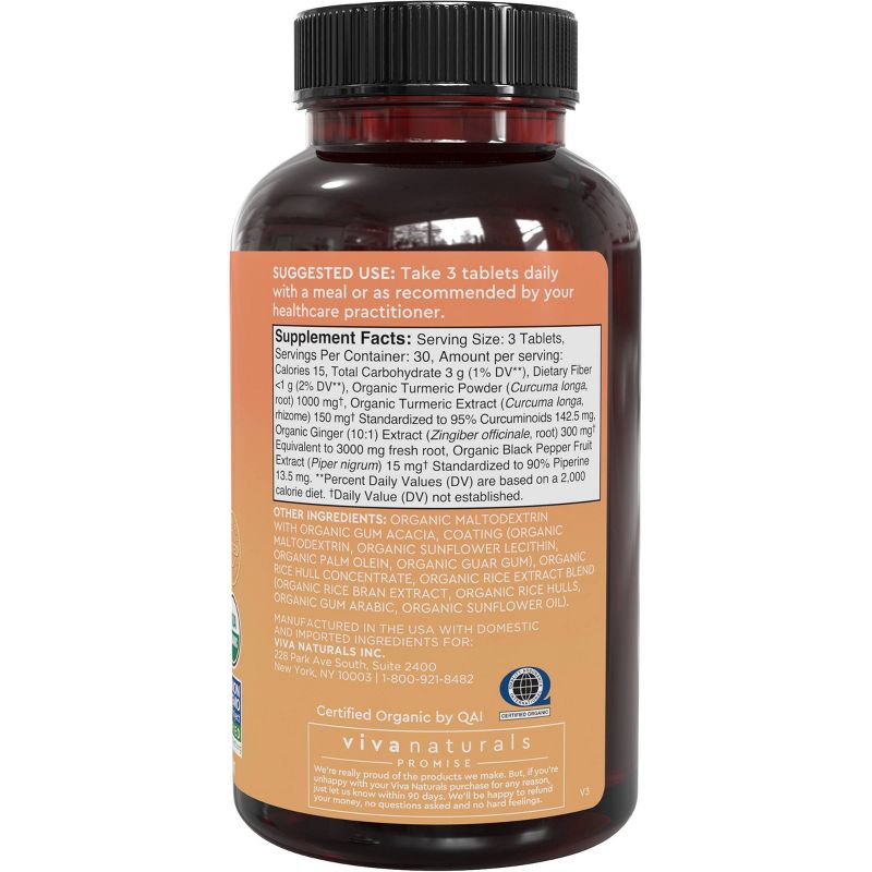 Viva Naturals Organic Turmeric Curcumin + Ginger with Organic Black Pepper Extract Tablets - 90ct, 3 of 9
