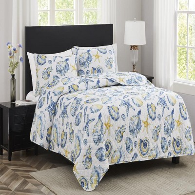 King Size Blue Coastal Microfiber Quilt Set