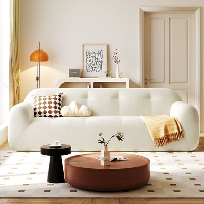 3-Seater Sofa Upholstered Sofa with Tufted Style, Full Sponge Compression Design&No Assembly Required, Chenille,  Beige/Navy Blue-ModernLuxe