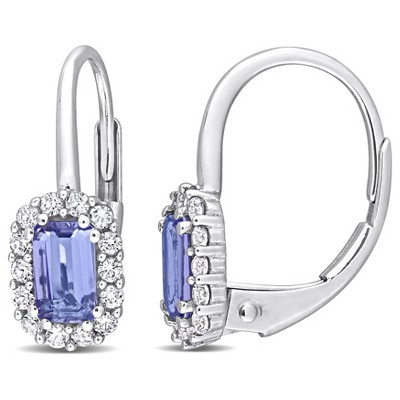 EVERLY JEWELRY | 10k White Gold 7/8 CT TGW Tanzanite and White Sapphire Halo Leverback Drop Earrings