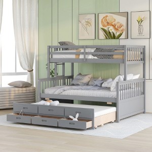 Twin Over Full Bunk Bed with Trundle and Storage Drawers, Convertible Wooden Bunk Bed with Safety Rail & Ladder, White/Gray/Espresso -ModernLuxe - 1 of 4