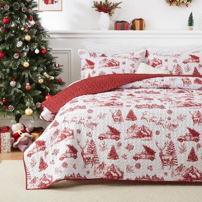TackView Christmas Quilt Set, Reversible Printed 3 Pieces Quilts Coverlet Bed Set Holiday Decorative Bedding, 1 Quilt and 2 Pillow Shams