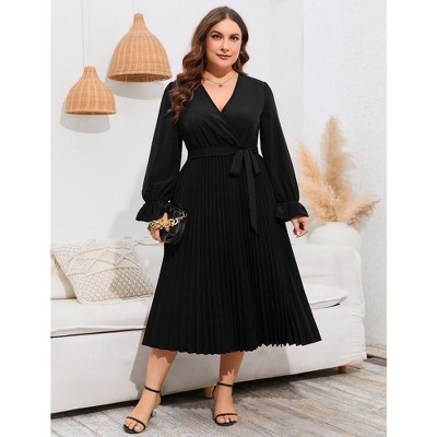 Women Plus Size Dress V Neck Ruffle Long Sleeve Long Dress Casual Summer Pleate Dress with Waistband