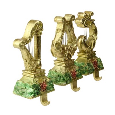 Gold Glittered Harp Christmas Stocking Holders Set of 3
