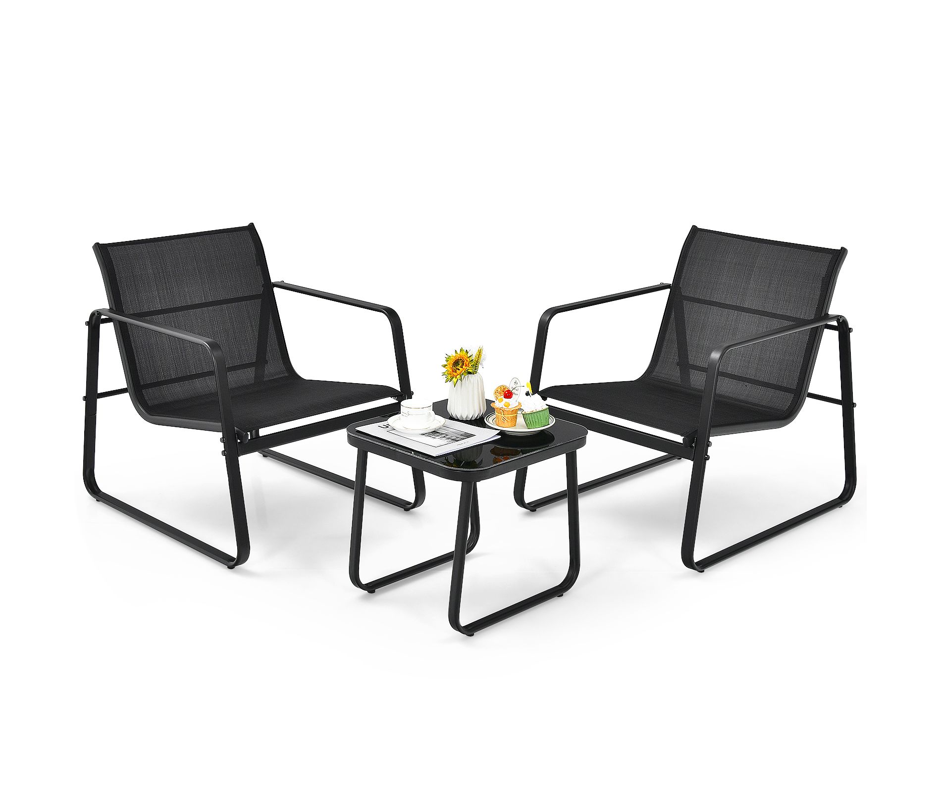 Tangkula Set of 3 Outdoor Bistro Furniture Set Patio Table & Chairs Set for Backyard Poolside Lawn Black