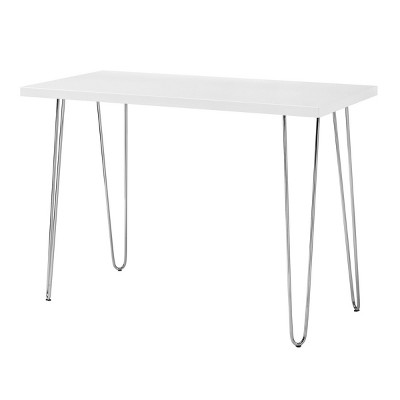 INFURNIC Desks Mid Century Modern Hairpin Leg Desk with Glossy MDF Top and Chrome Metal Legs Sturdy and Durable, White, 42"*20"*30"