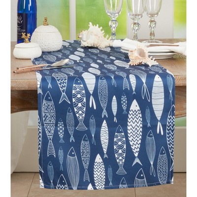 Navy Blue Fish Design Polyester Table Runner, 16"x70"