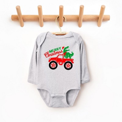 The Juniper Shop Christmas Dino Truck Baby Long Sleeve Bodysuit - Newborn - Heather Grey