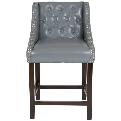 Gray Leather Tufted Walnut Counter Height Stool