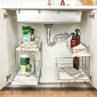 Chrome-Plated Steel and Faux Marble 2-Tier Pull-Out Storage Organizer