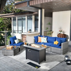 Venice 6pc Wicker Outdoor Patio Furniture Set Conversation Sofa with a Metal Fire Pit and Cushions - 1 of 4