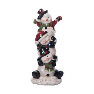 Transpac Dolomite Light Up Stacked Snowmen Decor with Music Multicolored Ceramic Figurines for Christmas Tabletop - 1 of 4