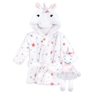 Hudson Baby Infant Girl Plush Bathrobe and Toy Set, Rainbow Unicorn, One Size - 1 of 4