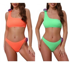INSPIRE CHIC Women's 3D Rose Floral One Shoulder Ribbed Triangle Bottoms Swimwear Bathing Bikini Suits 2 Sets - 1 of 4