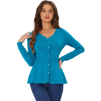 Allegra K Women's Slim Fit V-Neck Long Sleeve Ribbed Pullover Knitted Peplum Sweater