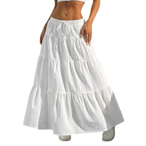 Coolmee Womens Maxi Skirt Casual High Waist Tie Tiered Elastic Waist Long Skirt - 1 of 4