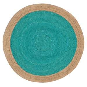 Teal/Natural Solid Woven Round Area Rug 8