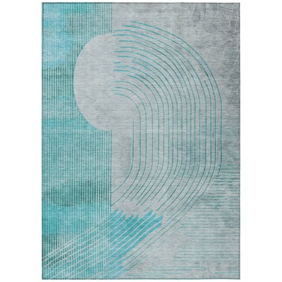 Teal Blue And Beige Geometric Washable Indoor Outdoor Area Rug