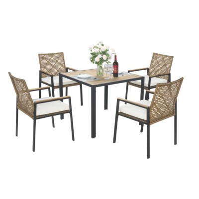 All Weather 5-Piece Patio Dining Table Sets,Patio Conversation Set Acacia Wood Table Top with Umbrella Hole, Rattan Outdoor- Maison Boucle