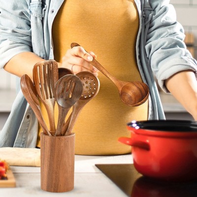 Deluxe 9-Piece Natural Wood Cooking Utensils Set with Holder