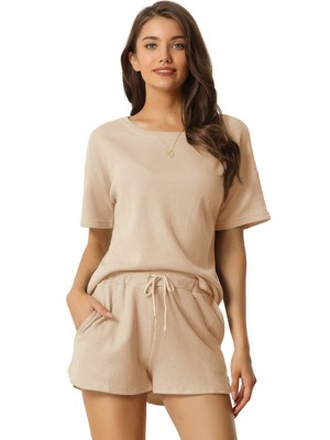 cheibear Women's Casual Pullover Short Sleeve Sleepshirt with Shorts Waffle Pajama Sets