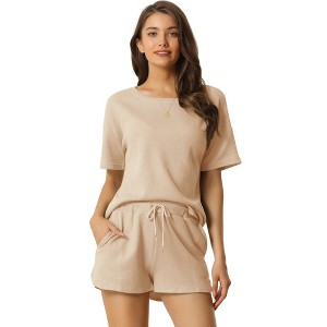 cheibear Women's Casual Pullover Short Sleeve Sleepshirt with Shorts Waffle Pajama Sets - 1 of 4