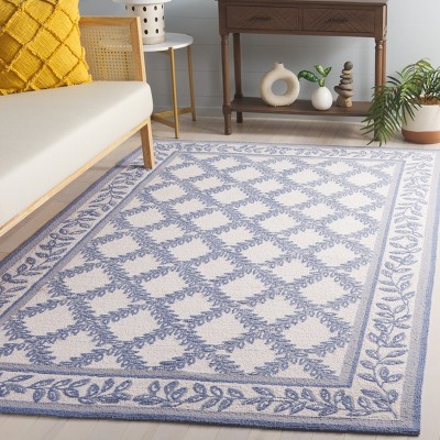Ivory and Light Blue Hand-Hooked Wool Floral Area Rug, 10' x 14'