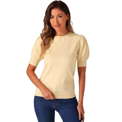 Allegra K Women's Ribbed Knit Crew Neck Lantern Short Sleeve Casual Blouse