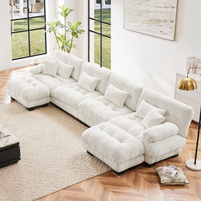 4-Seater Chenille Cloud Sectional Sofa,Modular Deep Seat Couch with 2 Ottomans, Comfy Sofa with Bolster Arms for Living Room-Tanpinhause