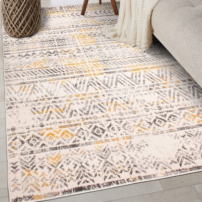 Cheerful Yellow Geometric 5' x 7' Easy-Care Synthetic Area Rug