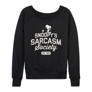 Women's - Peanuts - Snoopy Sarcasm Society Lightweight French Terry Wide Neck Long Sleeve Shirt - 1 of 4