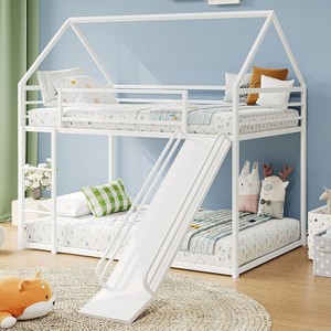 ELJGET Twin Over Twin Bunk Bed, Montessori Floor Bunk Bed Frame with Convertible Slide, Heavy Duty Metal Low Bed with House Shape and Roof for Kids - 1 of 4
