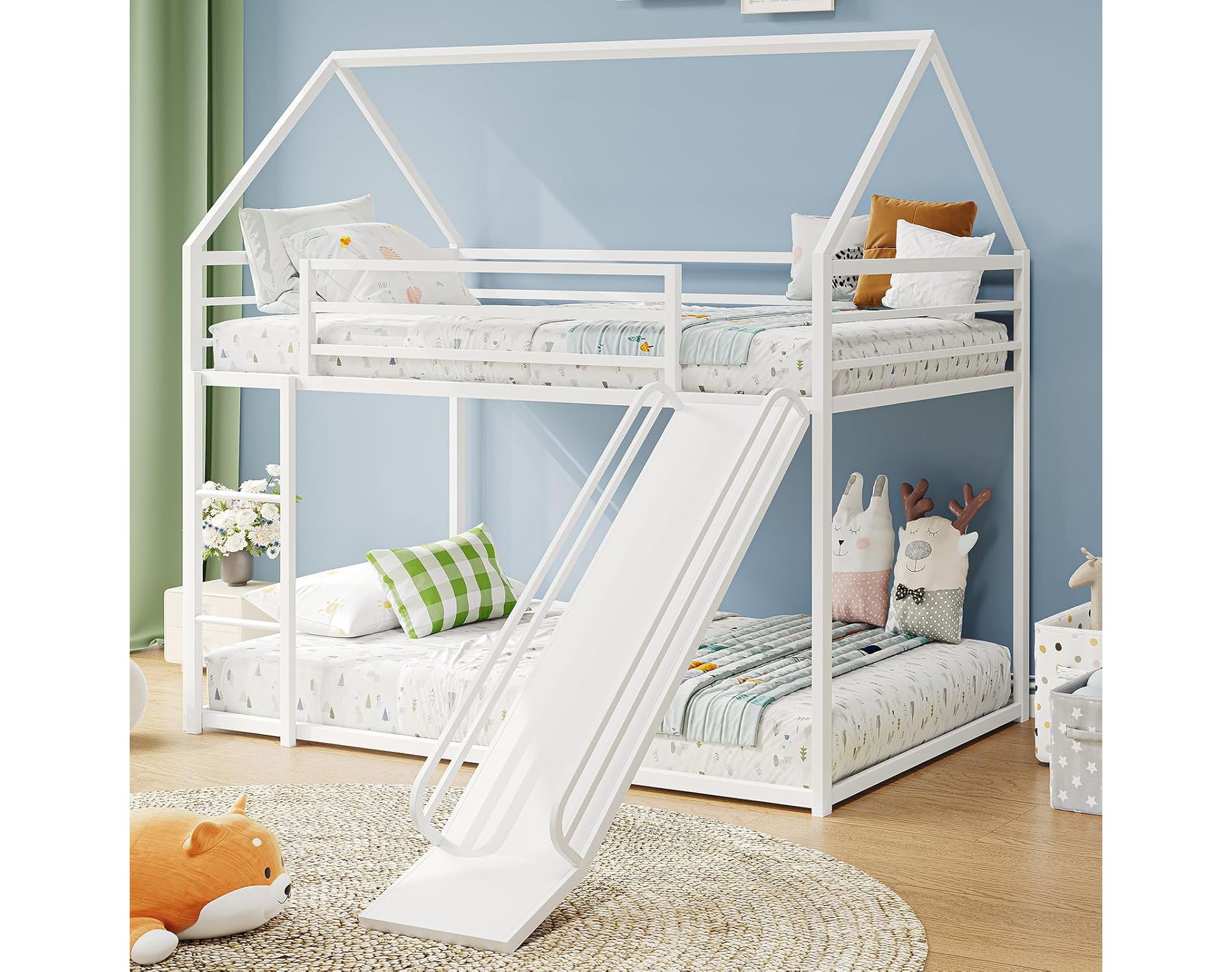 ELJGET Twin Over Twin Bunk Bed, Montessori Floor Bunk Bed Frame with Convertible Slide, Heavy Duty Metal Low Bed with House Shape and Roof for Kids