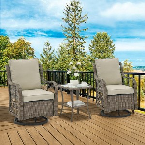 COZONY 3 Piece Outdoor Wicker Swivel Chair Set, 2 Swivel Rocker Patio Chairs with Rattan Side Table, Blue Cushions - 1 of 4