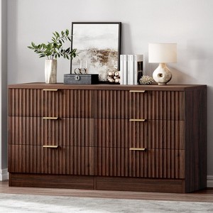 Walnut 6 Drawer Dressers with Fluted Panel Wide Versatile TV Stand Cabinet Table - 1 of 4
