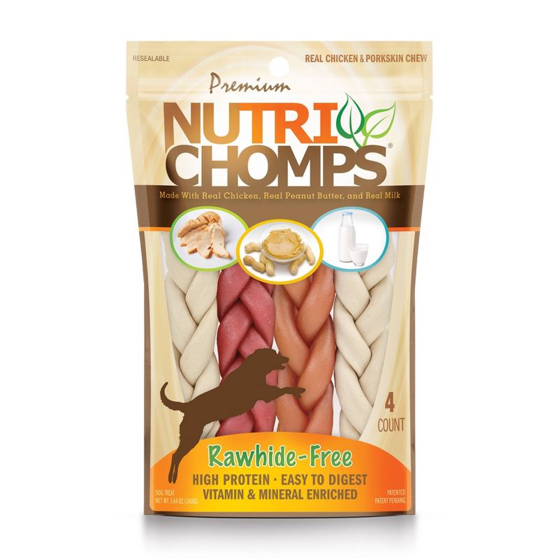 Nutri Chomps Assorted Flavor with Chicken, Peanut Butter and Milk Braids Dog Treats - 4ct/5.64oz, 1 of 5