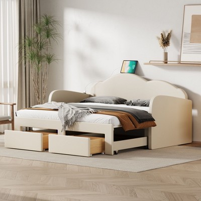 NicBex Twin Size Upholstered Daybed with Cloud-Shaped Backrest,Trundle,2 Drawers and USB Ports for Bedroom,Living Room,Apartment