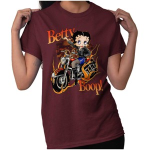 Biker Betty Boop Flaming Motorcycle Womens Graphic T Shirt Tees Brisco Brands - 1 of 4