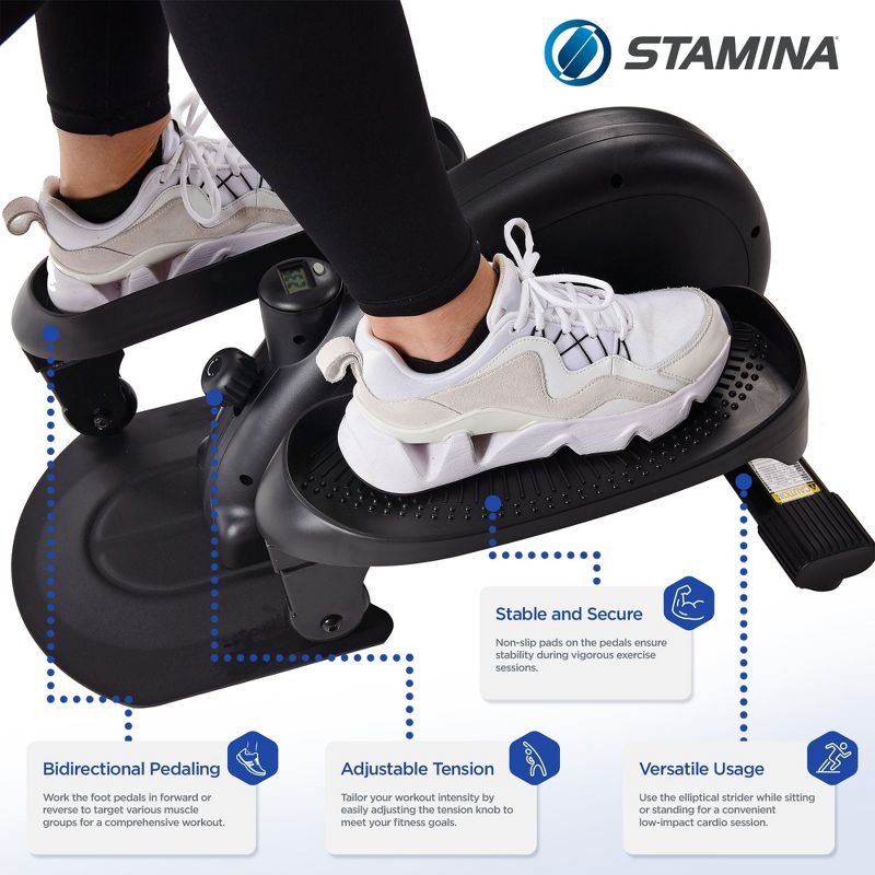 Stamina Inmotion E1000 Compact Lower Body Cardio Workout Strider Elliptical Machine with Exercise Display Tracker and Fitness App, Black, 3 of 7